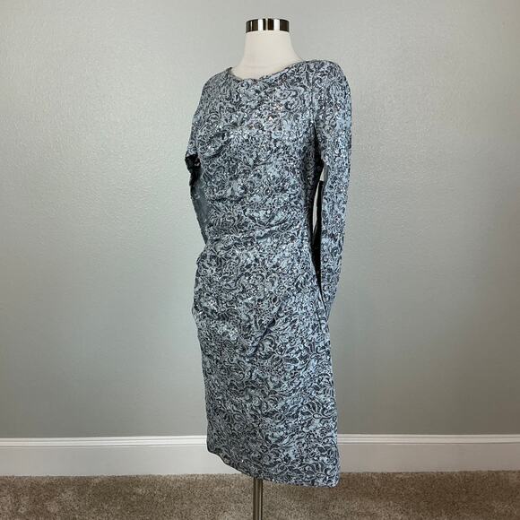 Betsy & Adam Sequined Lace Cocktail Dress Size 8 Blue Draped Back Midi Sheath - Picture 5 of 14
